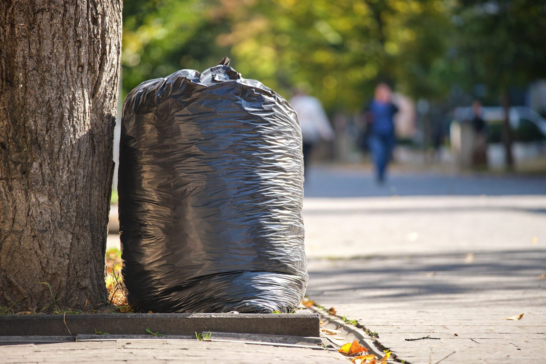 The image shows a black plastic rubbish bag leaning against the boot of a tree. It appears to be a sunny day, and this is likely a public space or sidewalk as we can see part of a walkway in the foreground. There are fallen leaves scattered on the ground, indicating it could be autumn. In the blurry background, there are people walking and some greenery which suggests the area could possibly be a park or a street lined with trees. The focus of the image is on the rubbish bag and tree in the foreground, putting emphasis on waste or littering in public spaces.